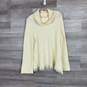 Anthropologie Cream Cowl Neck Fringe Hem Sweater Boho Knit Large